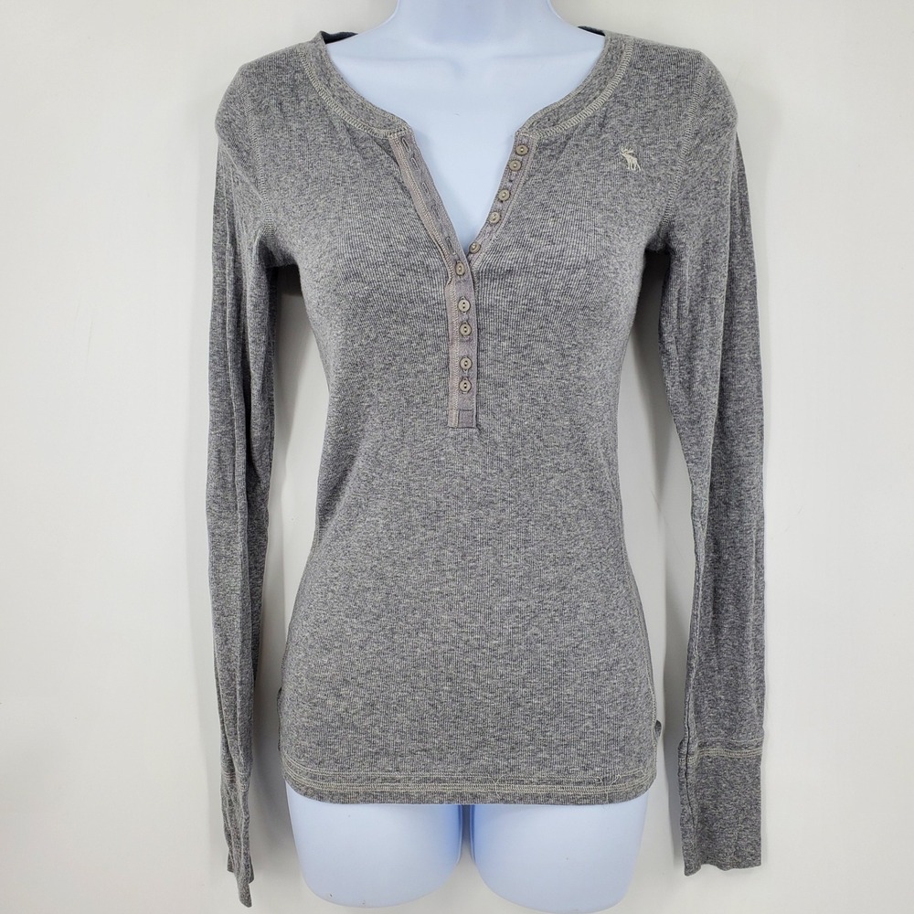 Abercrombie‎ & Fitch Y2K Large Gray Ribbed Henley Long Sleeve Tight Fit Shirt
